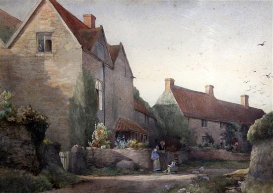 David Woodlock (1842-1929) Figures beside cottages, 11.5 x 17in.